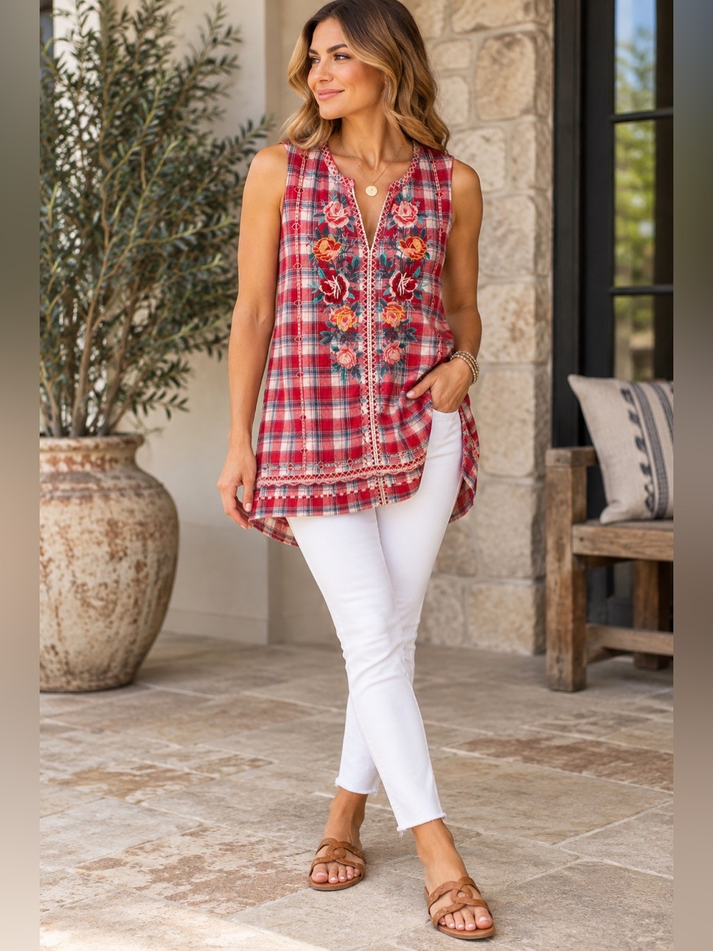 Johnny Was Workshop XS Red Plaid Embroidered Floral Sleeveless Tunic Top